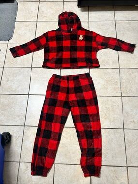 Kids Red and Black Buffalo Plaid Hooded Pajama Set